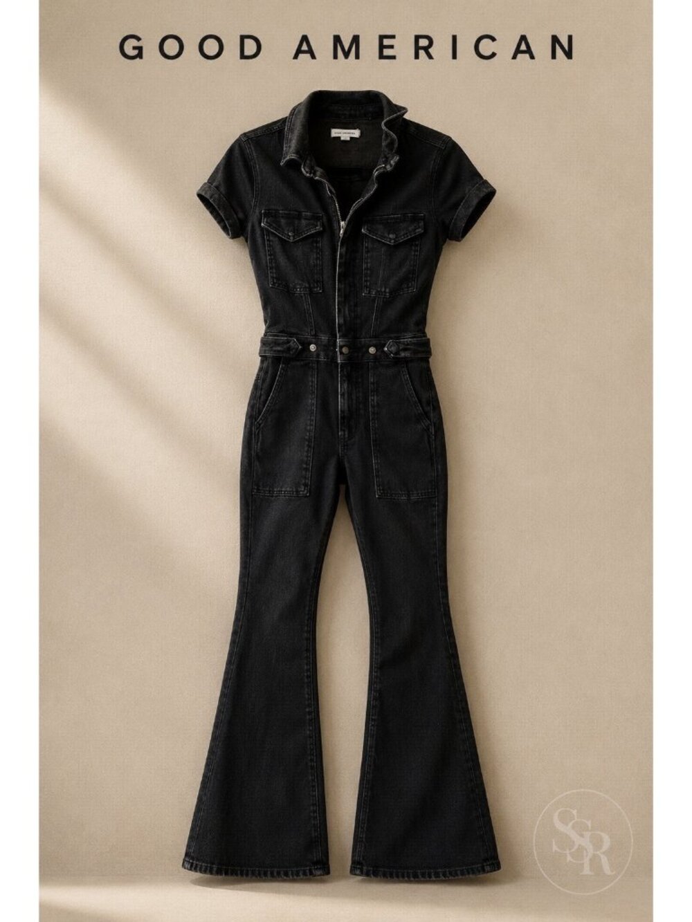 Good American Fit For Success Black Denim Jumpsuit Size S Short Sleeve Flare